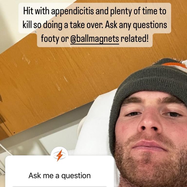 Tom Mitchell will miss Collingwood’s Mother’s Day clash against West Coast at Marvel Stadium after being hospitalised by a bout of appendicitis. Picture: Instagram