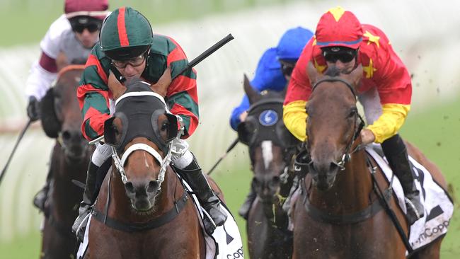 The Autumn Sun stormed home to win the Randwick Guineas. Picture: AAP 