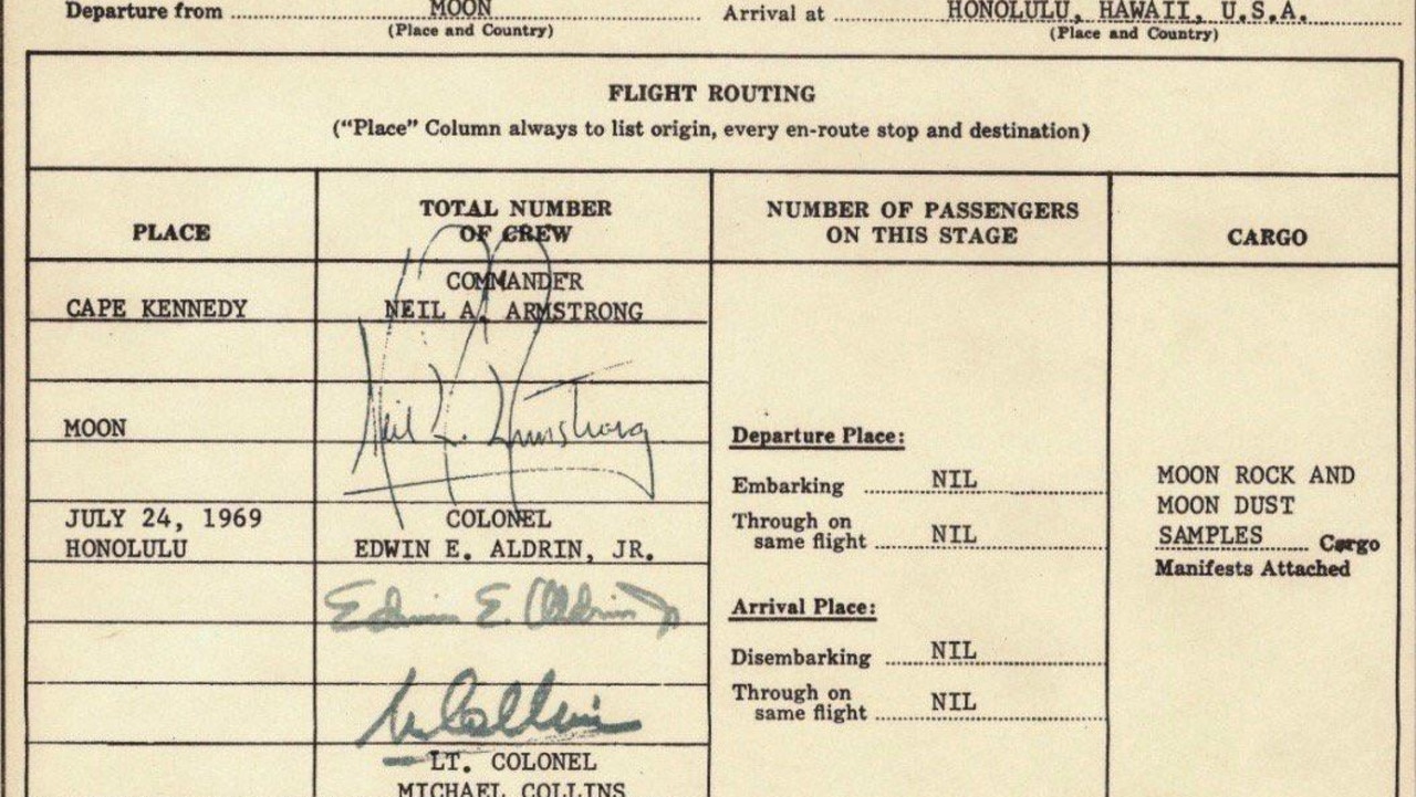 A customs form filled in by the returning Apollo 11 astronauts 50 years ago. Picture: Twitter