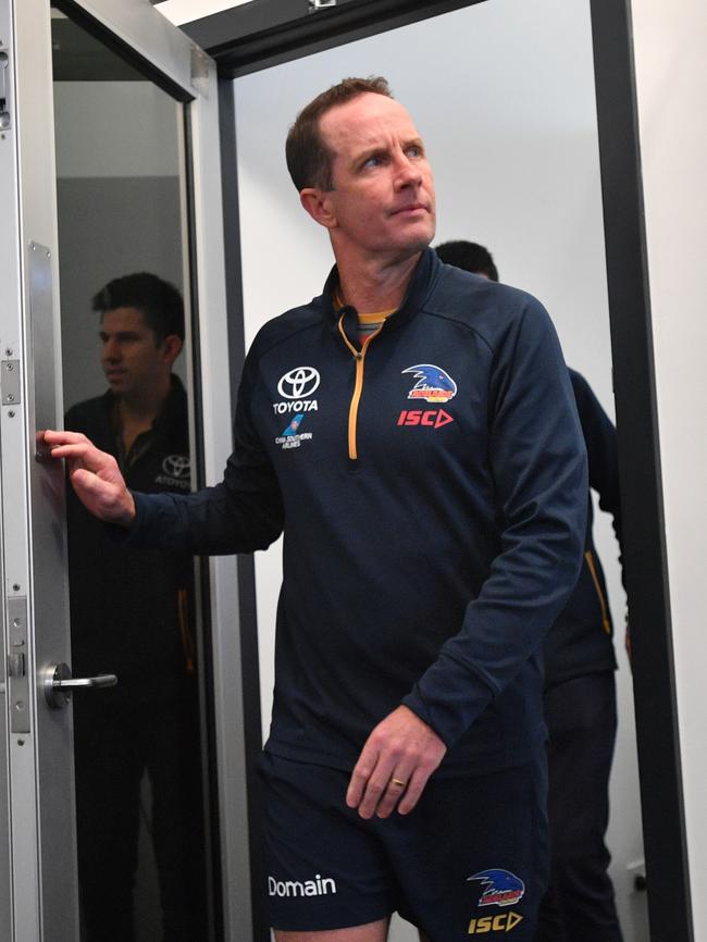 Adelaide Crows coach Don Pyke arrives to speak to the media at Football Park on Friday. Picture: AAP Image/David Mariuz