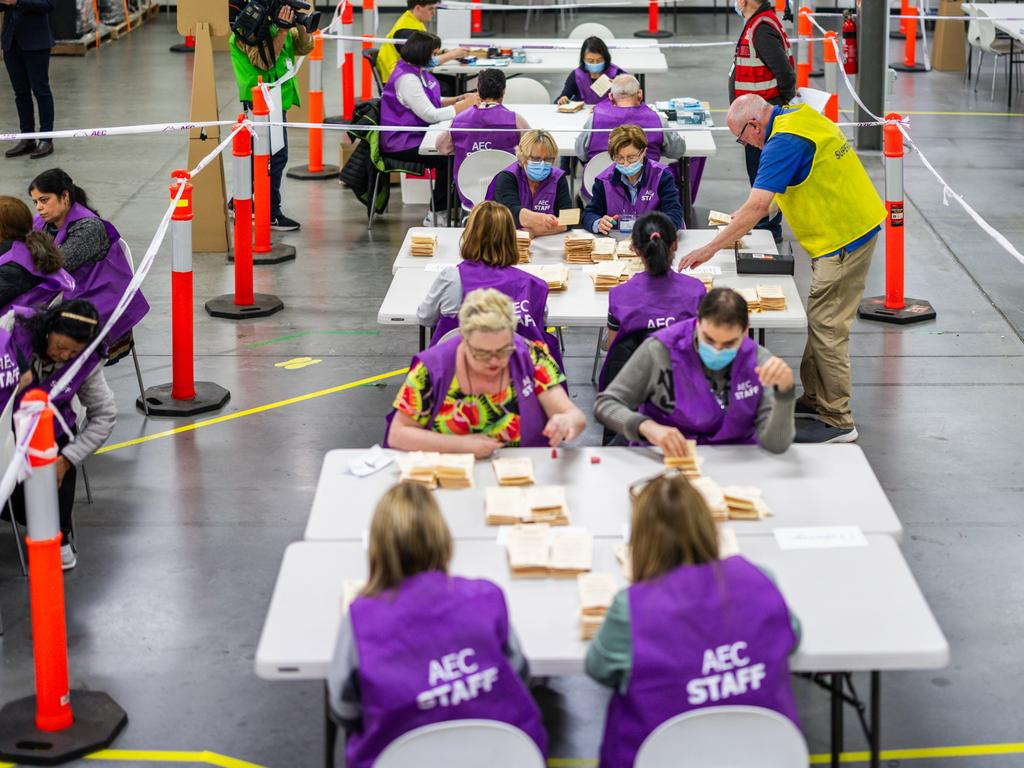 Australian Electoral Commission staff count votes at a vote counting centre in Melbourne, Australia. Picture: Asanka Ratnayake/Getty Images