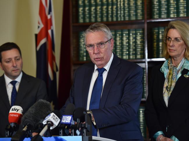 National Party leader Peter Walsh alongside Leader of the Opposition Matthew Guy and Shadow Minister for Health Georgie Crozier in Melbourne. Picture: Nicki Connolly