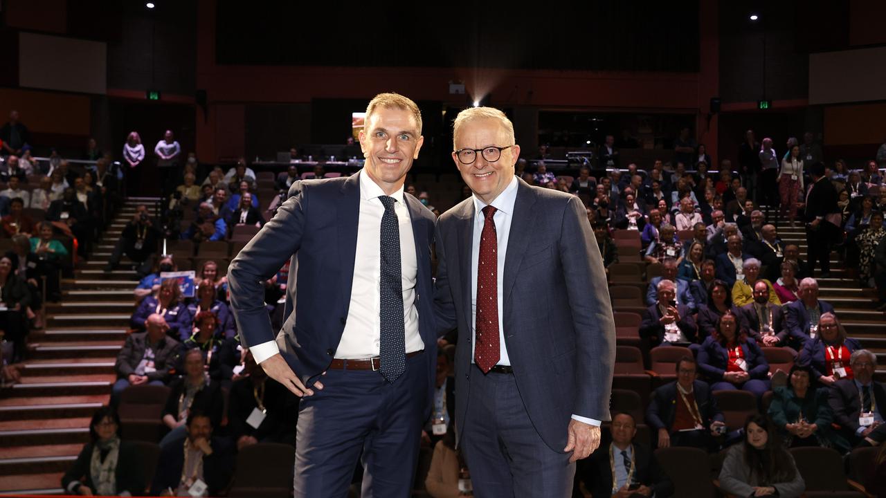 The Daily Telegraph editor Ben English with Prime Minister Anthony Albanese at the 2022 NSW Bush Summit 2022 in Griffith. Picture: Jonathan Ng