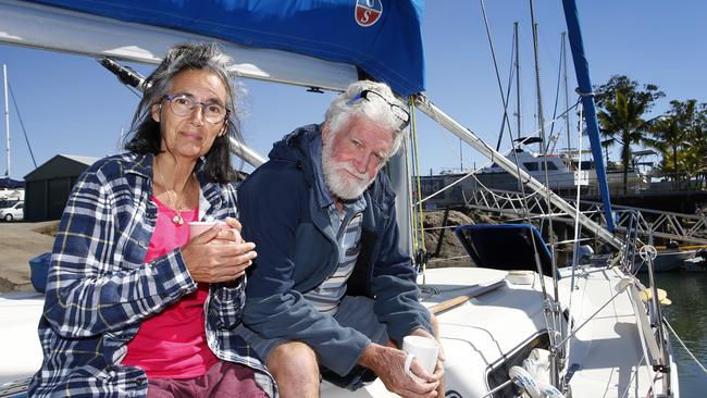 Yachties Erica Lang and Andy Heard keep on board their yacht on a cold morning in Trinity Inlet in 2019. PICTURE: ANNA ROGERS