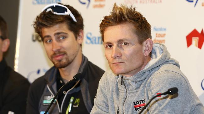 Peter Sagan (Bora-Hansgrohe) and Andre Greipel (Lotto -Soudal) at Saturday’s Tour Down Under press conference. Picture: Sarah Reed