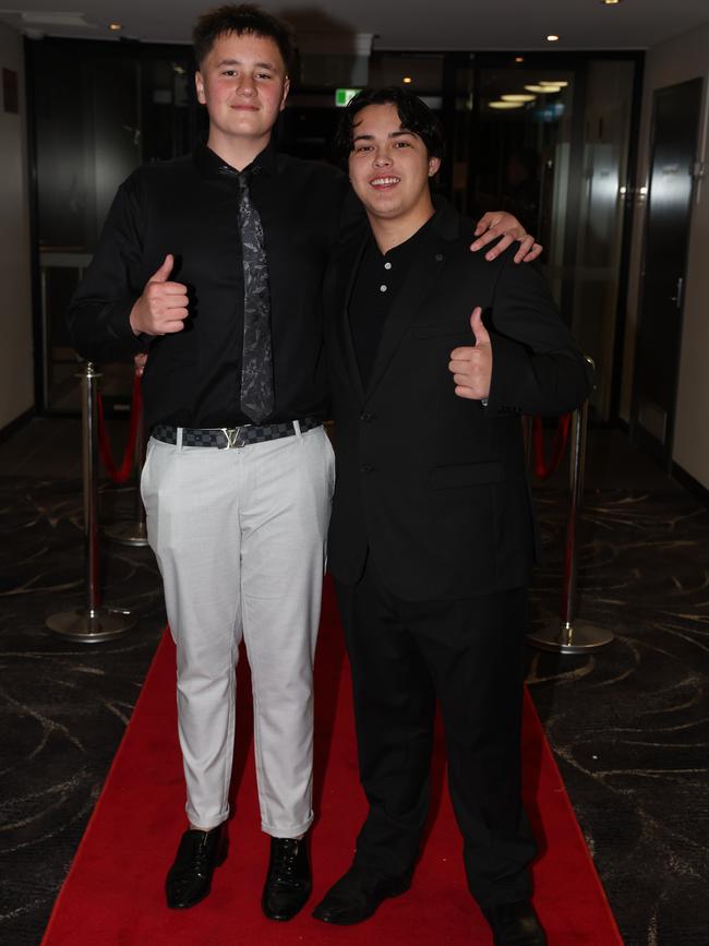 MELBOURNE, AUSTRALIA – JUNE 14 2024 Jacob Devon and Lachlan Wallace attend the Lowanna College Senior Formal 2024 at the Moe Racing Club Picture: Brendan Beckett