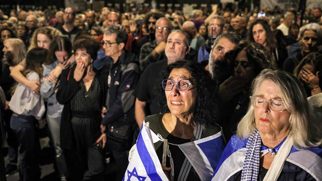 A crowd at a protest calling upon the Israeli PM to resign and a vigil demanding government action for return of the hostages abducted by Palestinian militants. Picture: AFP