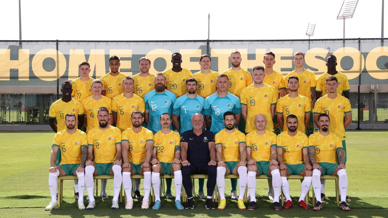 The Australian Socceroos squad pose for its official 2022 World Cup Team Photo Photo by Robert Cianflone/Getty Images.