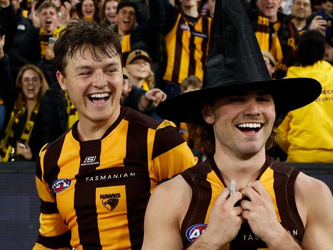 MELBOURNE, AUSTRALIA - SEPTEMBER 06: Jack Ginnivan (left) and Nick Watson of the Hawks are interviewed by Abbey Holmes during the 2024 AFL Second Elimination Final match between the Western Bulldogs and the Hawthorn Hawks at The Melbourne Cricket Ground on September 06, 2024 in Melbourne, Australia. (Photo by Michael Willson/AFL Photos via Getty Images)