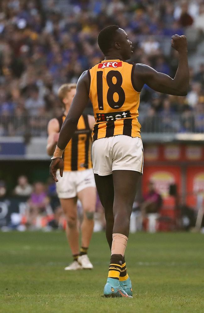 Mabior Chol kicked two goals on Sunday. Picture: Jack Foley/AFL Photos via Getty Images.