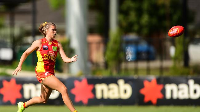 PERTH, AUSTRALIA - MARCH 15: Kalinda Howarth of the Suns kicks the ball during the 2020 AFLW Round 06 match between the West Coast Eagles and the Gold Coast Suns at Mineral Resources Park on March 15, 2020 in Perth, Australia. (Photo by Daniel Carson/AFL Photos via Getty Images)