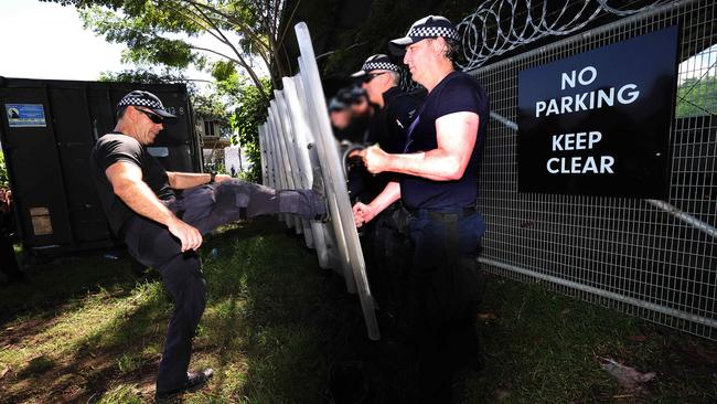 Australian Federal Police personnel practice anti-riot techniques in Honiara on Sunday. Picture: Gary Ramage