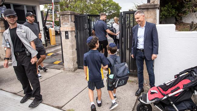 Students arrive at Mount Sinai College in Maroubra, Sydney, for their first day at school after the summer holidays. Graffiti was sprayed on the school wall the previous day as anti-Semitic attacks continue. Picture: Julian Andrews