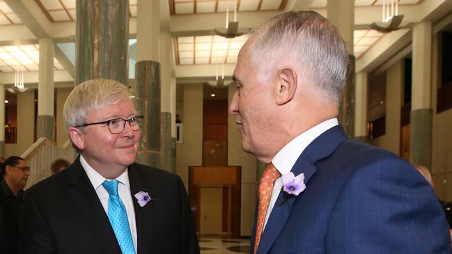 Former prime ministers Kevin Rudd, left, and Malcolm Turnbull. Picture: Kym Smith