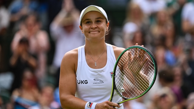 Barty celebrates her victory over Angelique Kerber of Germany in the semi-finals at Wimbledon on Thursday. Photo: TPN/Getty Images