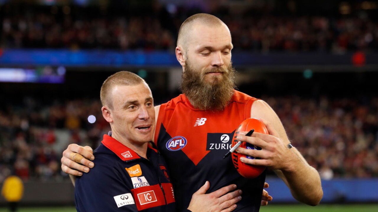 MELBOURNE, AUSTRALIA - SEPTEMBER 07: Max Gawn of the Demons celebrates with Simon Goodwin, Senior Coach of the Demons during the 2018 AFL First Elimination Final match between the Melbourne Demons and the Geelong Cats at the Melbourne Cricket Ground on September 07, 2018 in Melbourne, Australia. (Photo by Adam Trafford/AFL Media/Getty Images)
