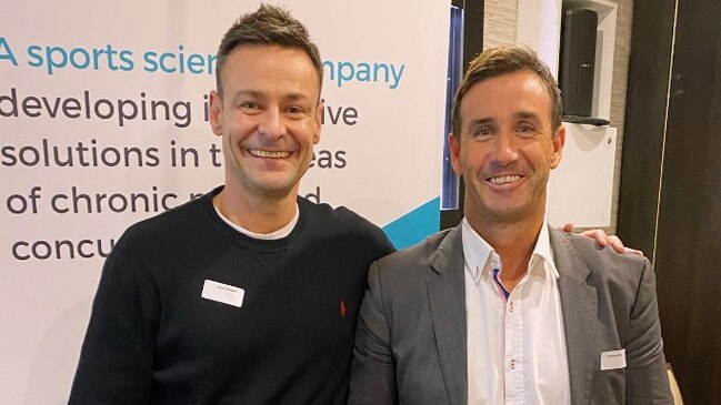 James Stewart and former NRL player Andrew Johns at a Levin Health presentation. Picture: Instagram