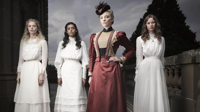 Foxtel’s Picnic at Hanging Rock cast, left-right, Samara Weaving (Irma), Madeleine Madden (Marion), Natalie Dormer (headmistress Mrs Hester Appleyard) and Lily Sullivan (Miranda).