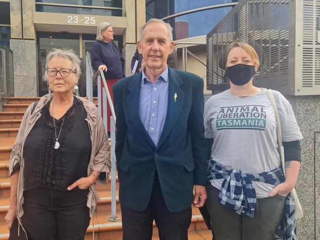 Karen Weldrick, Bob Brown and Kristy Alger outside the Hobart Magistrates Court. They have each been charged with trespass after a protest against logging in swift parrot territory at Snow Hill during November 2022. Picture: Amber Wilson