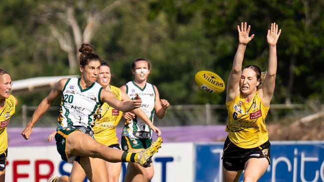 Jaz Hewitt under pressure during Round 7 of the NTFL Women's Premier League competition. Picture: Jack Riddiford / AFLNT Media