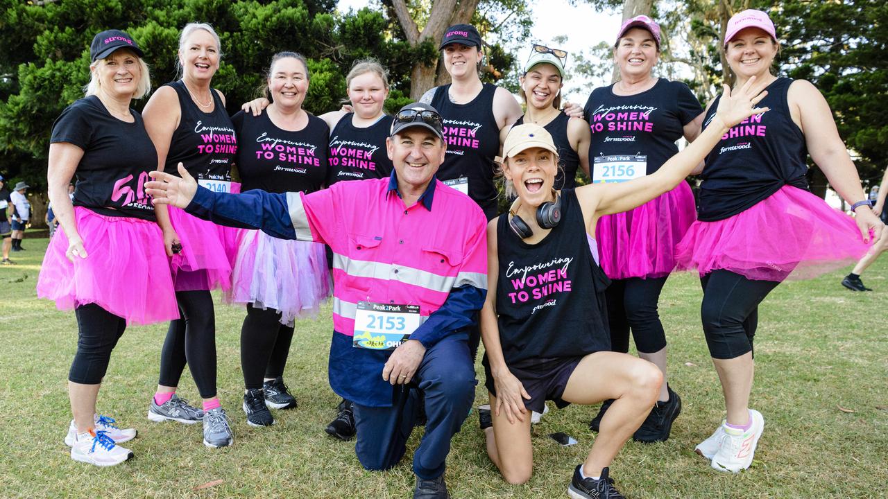 Members of team Fernwood Toowoomba, (front) Colin Long and Stephanie Fitzpatrick and (back, from left) Wendy Horne, Amanda Duquemin, Karen Matthey, Aryahna Matthey, Kayla Smith, Rachel Menkins, Kathy Long and Lenice Jahnke get ready for the 4km event of Peak2Park, Sunday, March 2, 2025. Picture: Kevin Farmer