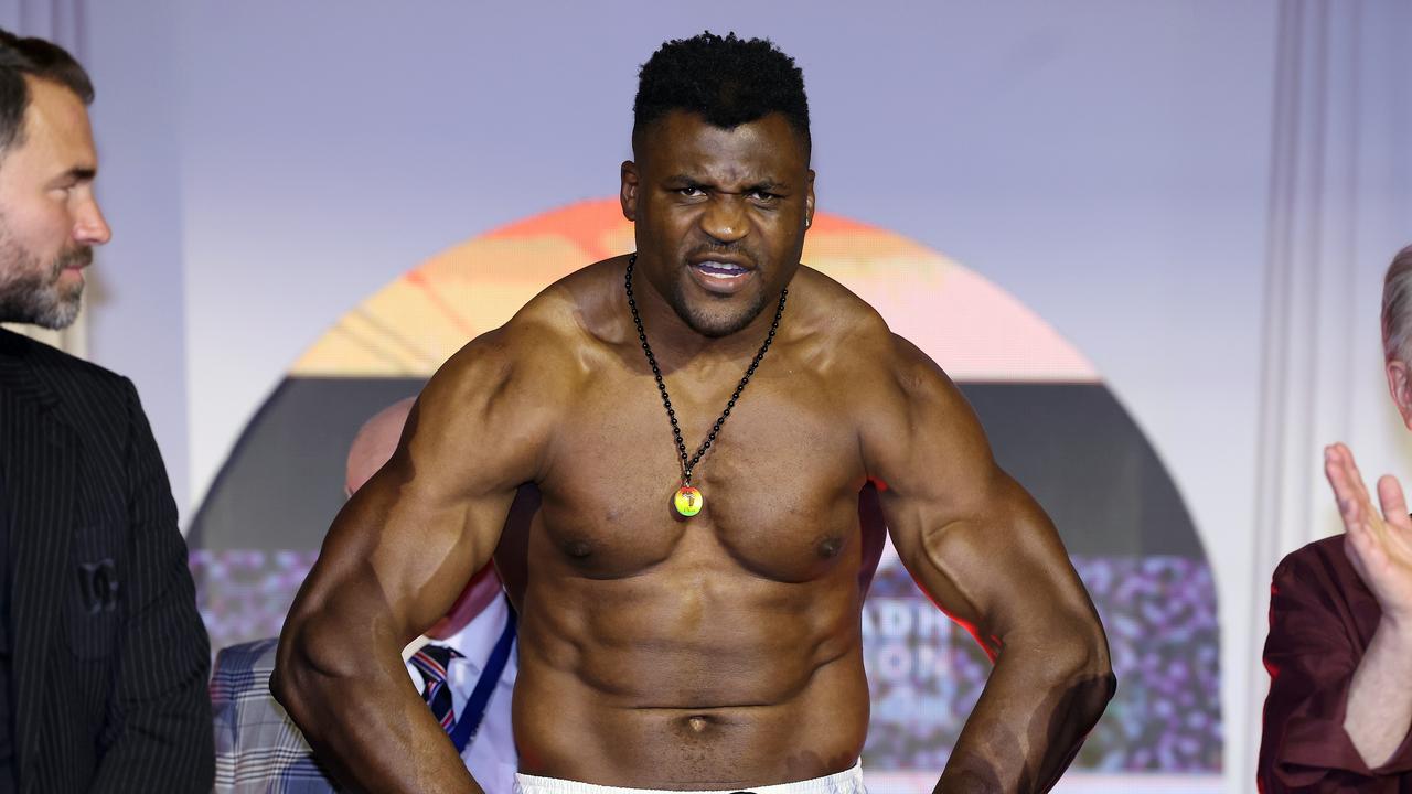 Francis Ngannou poses for a photo as he weighs in ahead of his 'Knockout Chaos' heavyweight fight. (Photo by Richard Pelham/Getty Images)