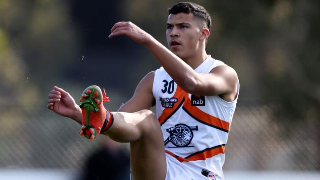 Sam Paea kicks at goal for Calder Cannons. Picture: Michael Klein