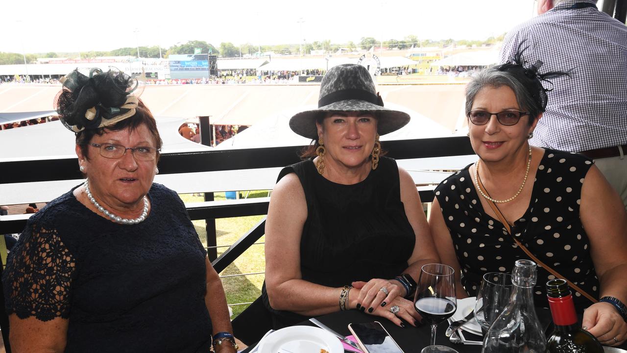 Darwin Cup colour gallery Judy Anictomatis, Louise Breccione-Mattuca, Marina Villani enjoys the 2019 Darwin Cup. Picture: KATRINA BRIDGEFORD