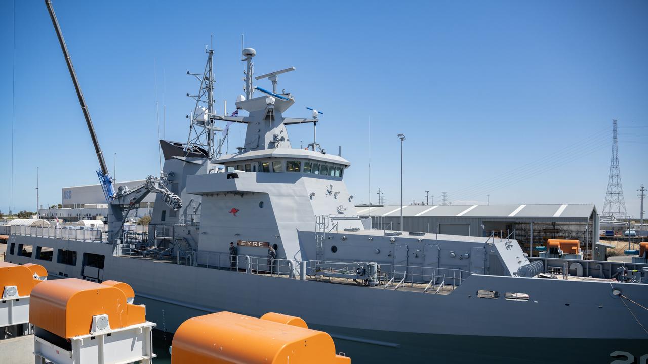 The NUSHIP Eyre, the second Arafura Class Offshore Patrol Vessel at the Osborne Naval Shipyard in South Australia. NCA NewsWire / Morgan Sette