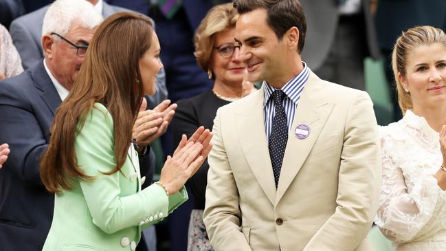 Former Wimbledon Champion, Roger Federer of Switzerland was honoured at Wimbledon with Kate congratulating him. (Photo by Clive Brunskill/Getty Images)