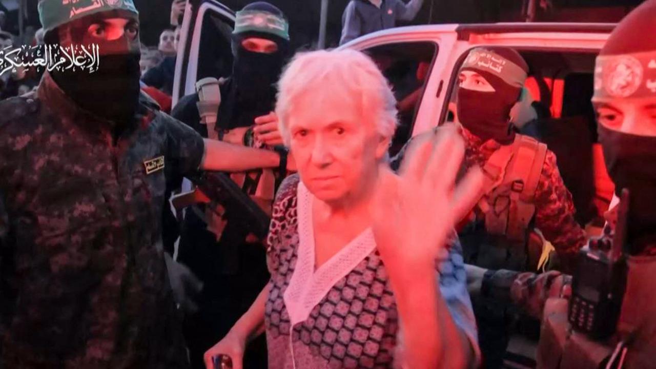 A freed hostages waves at the camera in footage released by Hamas. Picture: Hamas/AFP