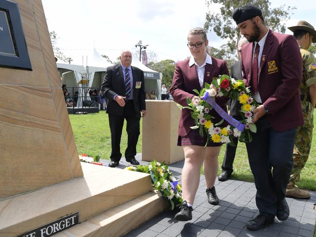 Students lay a wreath at the Campbelltown cenotaph. Picture: Simon Bullard