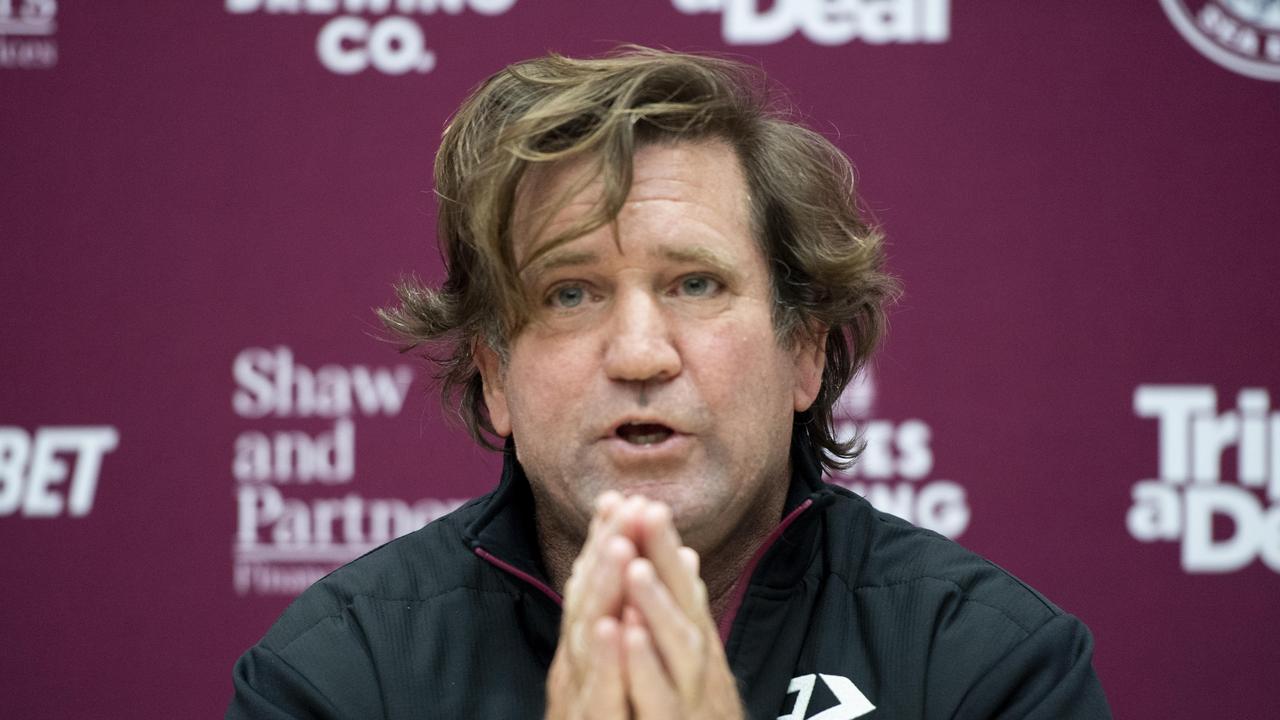 Coach Des Hasler pictured speaking at a press conference held inside the Sea Eagles Foundation Room.