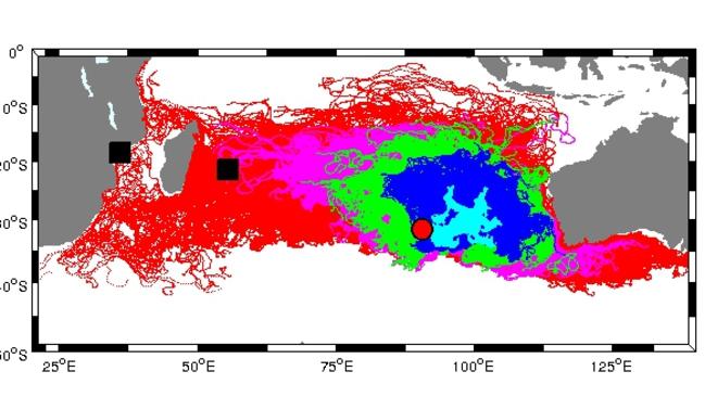 Drift modelling by Professor Charitha Pattiaratchi from the University of WA shows the likelihood of MH370 debris turning up in West and South Australia, based on the current search site. Picture: Supplied