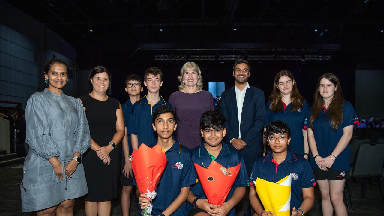 Chief Minister Eva Lawler with Darwin Middle School students as the Top End community gathered at the Darwin Convention Centre to commemorate the Bombing of Darwin. Picture: Pema Tamang Pakhrin