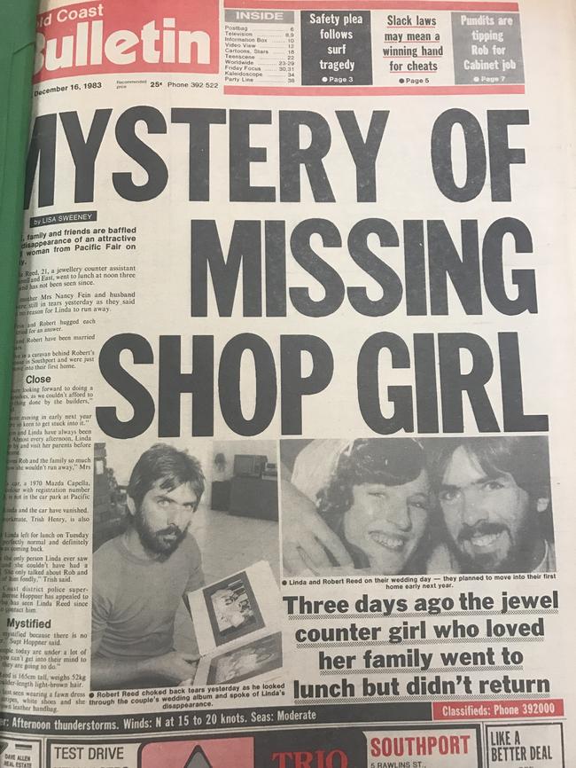 Gold Coast Bulletin front page from the 1980s, after Linda Reed was murdered.