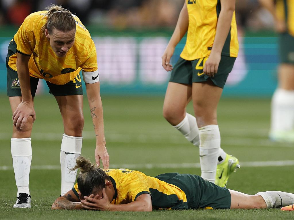 Chloe Logarzo lays on the ground after the heavy collision. Picture: Getty Images