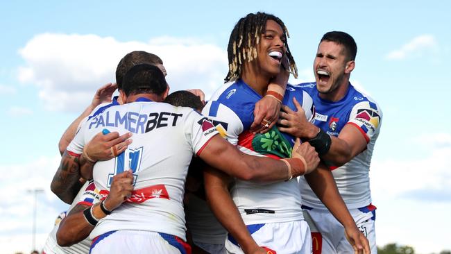 Dominic Young starred in his Knights return, scoring four tries, inlcuding the try which levelled the scores and set up a golden point draw. Picture: Getty Images.