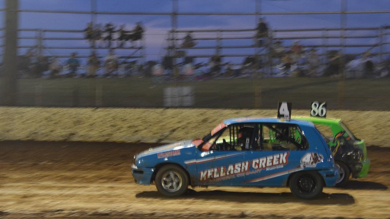 Kipp Barron and Dane Andersson compete in the Kingaroy Speedway junior sedans race on Saturday, November 16. (Photo: Jessica McGrath/ South Burnett Times)