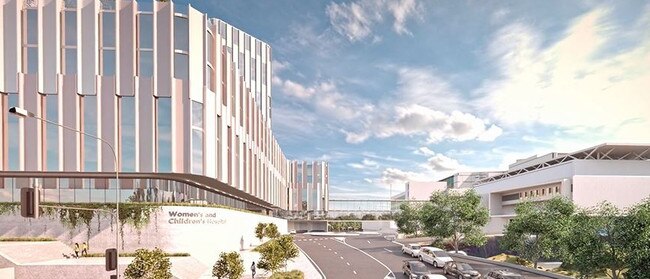 Artist impression of the proposed new Women's and Children's Hospital, with a multi-level carpark to the right. Picture: Woods Bagot