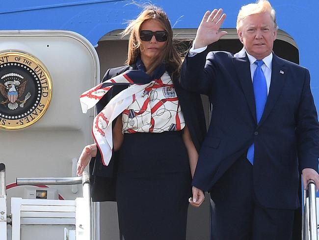 US President Donald Trump and First Lady Melania Trump arrive at Stansted Airport. Picture: Getty Images