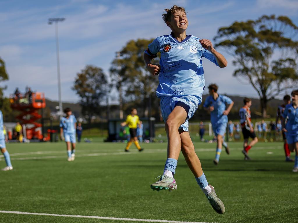 Tyler Hawkett celebrates a goal, U14 Boys NAIDOC Cup at Lake Macquarie Regional Football Facility. Picture: Michael Gorton