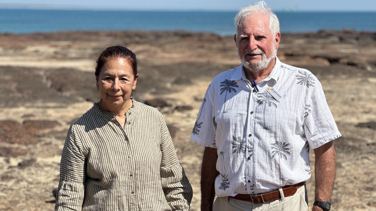 Richard Creswick and artist Techy Masero at the proposed East Point site for the Cyclone Tracy memorial. Picture: Elise Graham