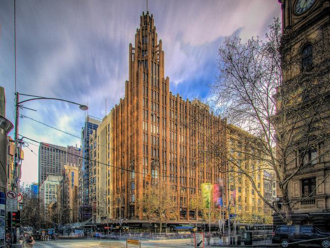 Melbourne’s tallest building in 1954 was the gothic Manchester Unity Building on the corner of Swanston and Collins streets. Picture: HWT Library.