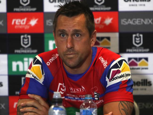 NEWCASTLE, AUSTRALIA - MARCH 28: Mitchell Pearce of the Knights during the press conference during the round three NRL match between the Newcastle Knights and the Wests Tigers at McDonald Jones Stadium on March 28, 2021, in Newcastle, Australia. (Photo by Ashley Feder/Getty Images)