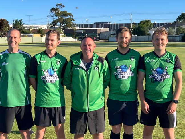 Darren Balboni (Senior Assistant Coach), Oaklee Balboni (President), Eddie Dorris (Senior Coach), Nathan Haynes (Treasurer) and Thomas Davis (Vice-President). Photo: Colac Otway Rovers FC.