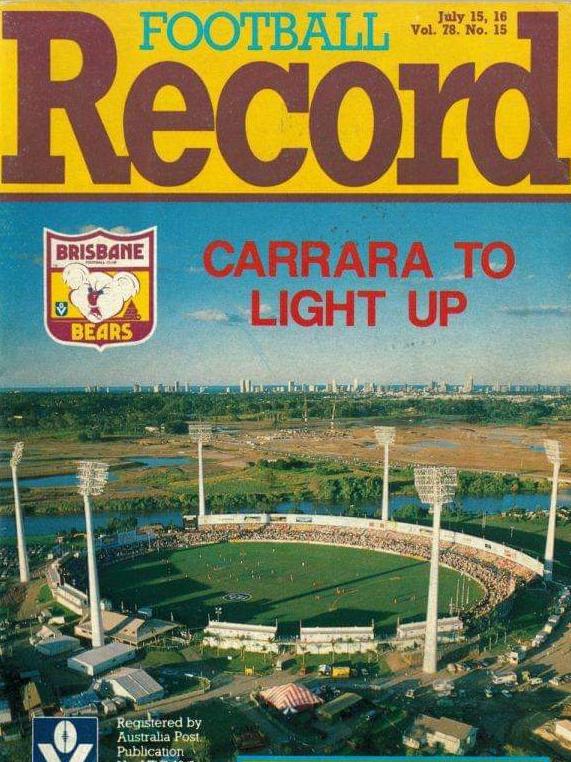 The front of the Football Record magazine ahead of the Brisbane Bears first night game at Carrara Oval against Geelong on July 15, 1989.