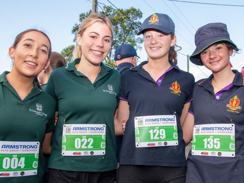 St Ursula's College students, from left; Lily Cameron, Lucy Gibson with The Glennie School students, Annie Doonan and Macy Martyr.The Base Services, Hike for Homeless held at Jubilee Park. October 19th, 2024