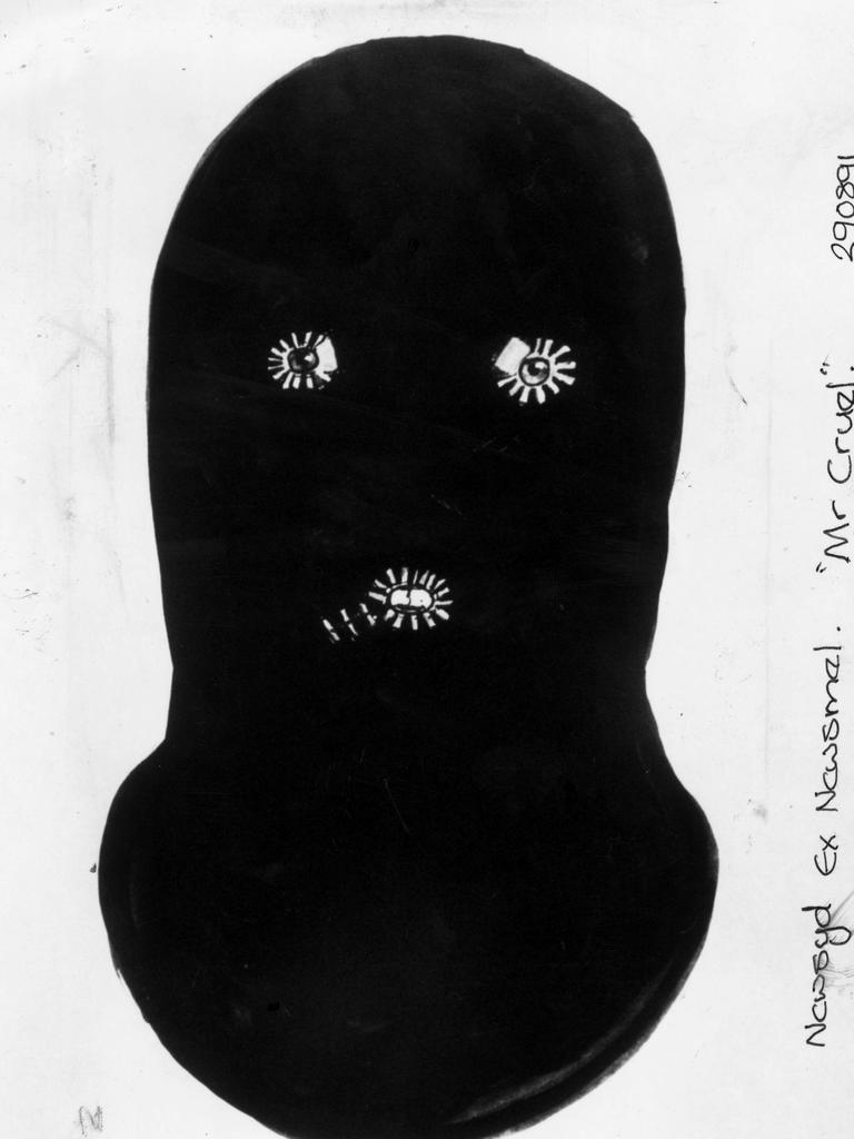 Mr Cruel. Police sketch of the dark green balaclava used by the kidnapper of Nicola Lynas. Picture: Photo File