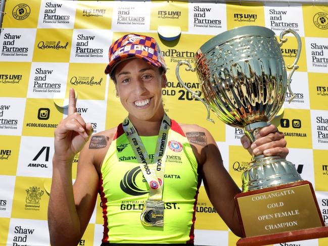 Coolangatta Gold 2023 winner Lana Rogers holds the trophy to claim her second title. Picture: Supplied